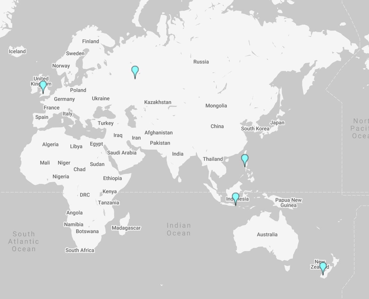 A map of the world with a pin for each team member.