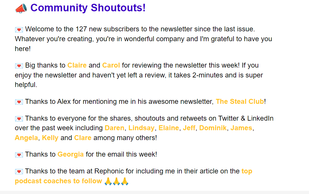 Community shout-outs in Jeremy Enns' newsletter