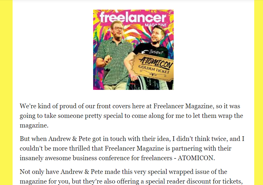 Dedicated email advertisement example from The Freelancer Magazine