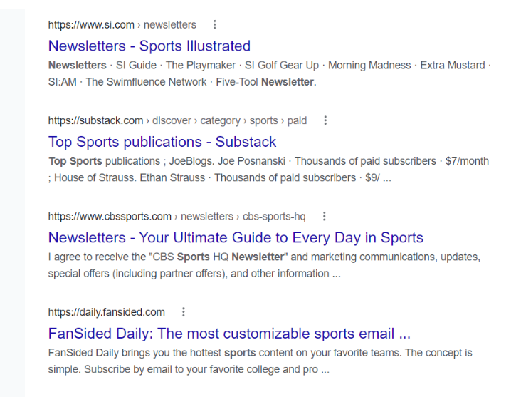 Typing "best sports newsletters" reveals these suggestions.