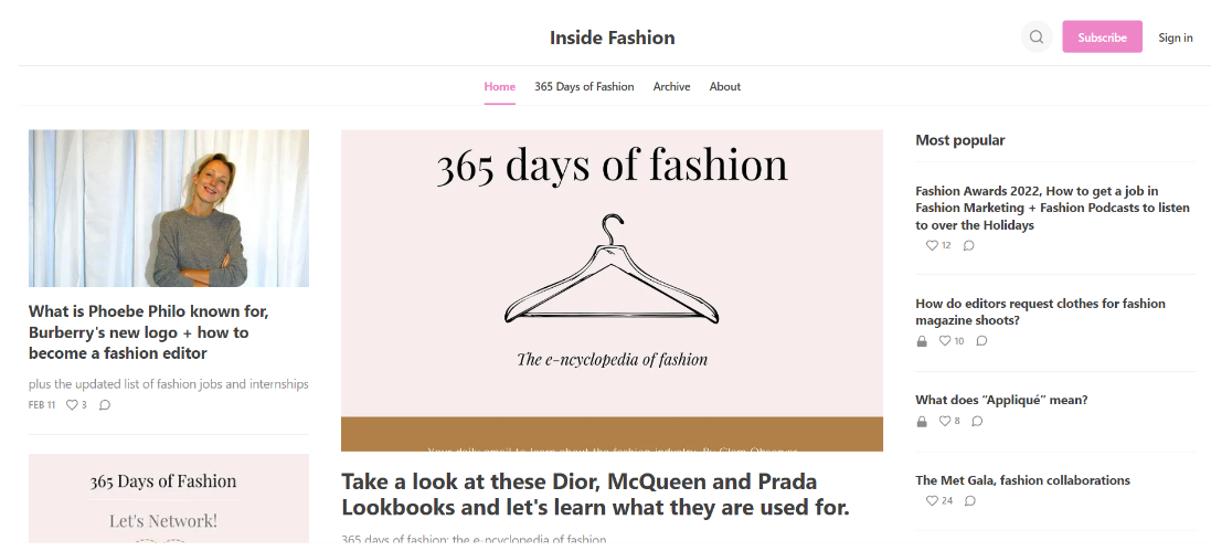 The Substack Home Page for Inside Fashion