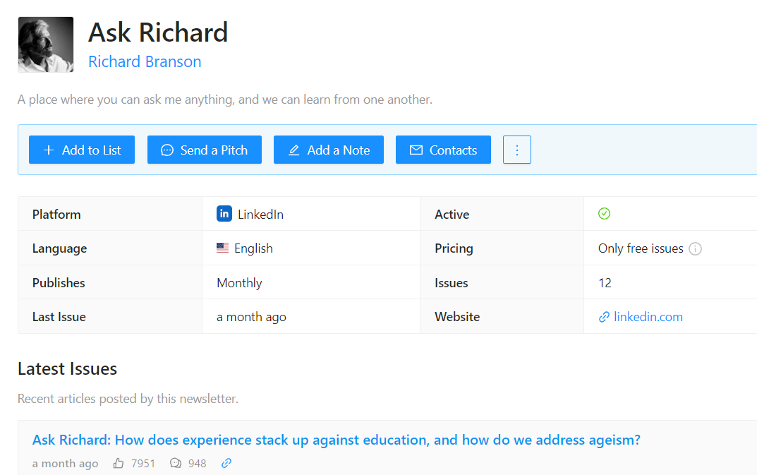 Richard Branson's LinkedIn newsletter on Reletter