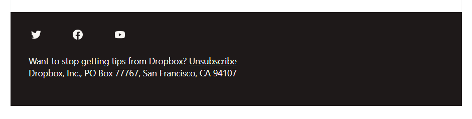 Dropbox email footer showing unsubscribe link and address.