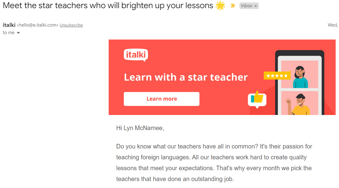 italki marketing email showing orange image with language learner & tutor and marketing text