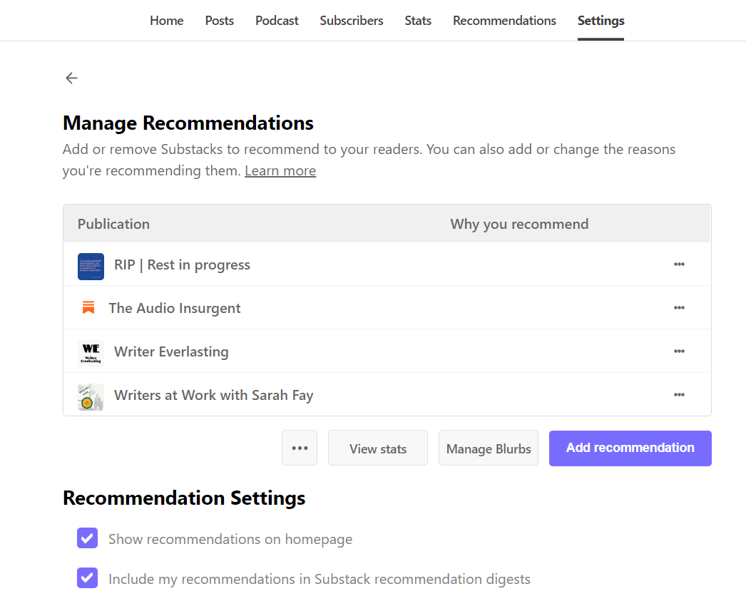 Manage Substack newsletter recommendations