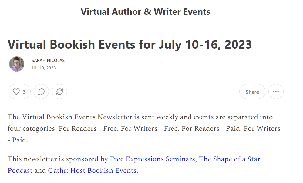 Virtual Author & Writer Events newsletter sponsorship
