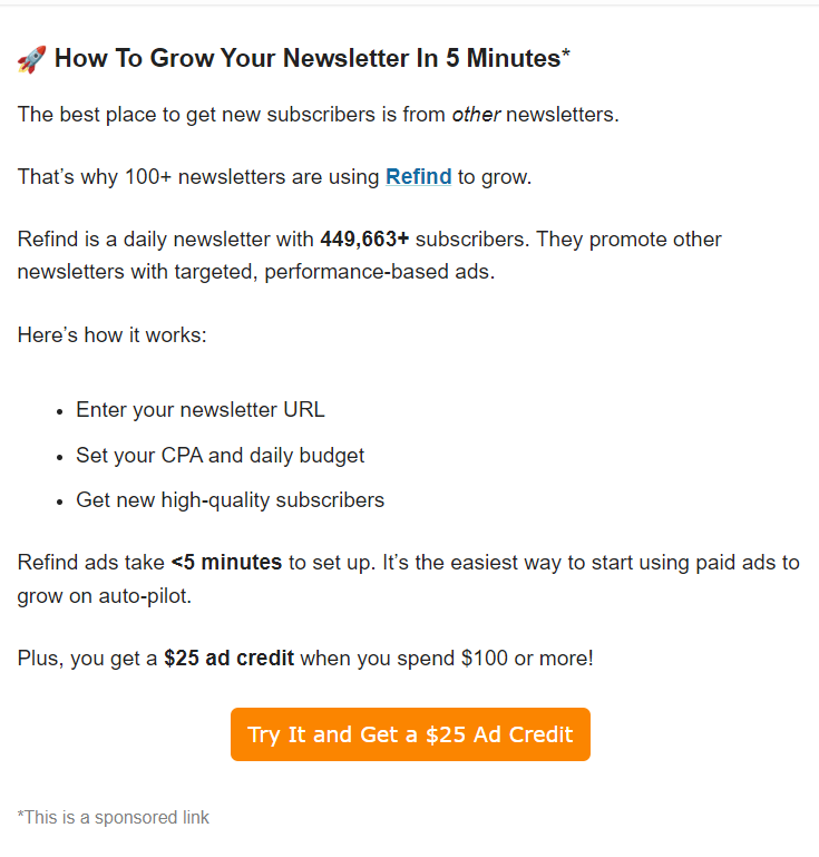 Refind sponsored email marketing example