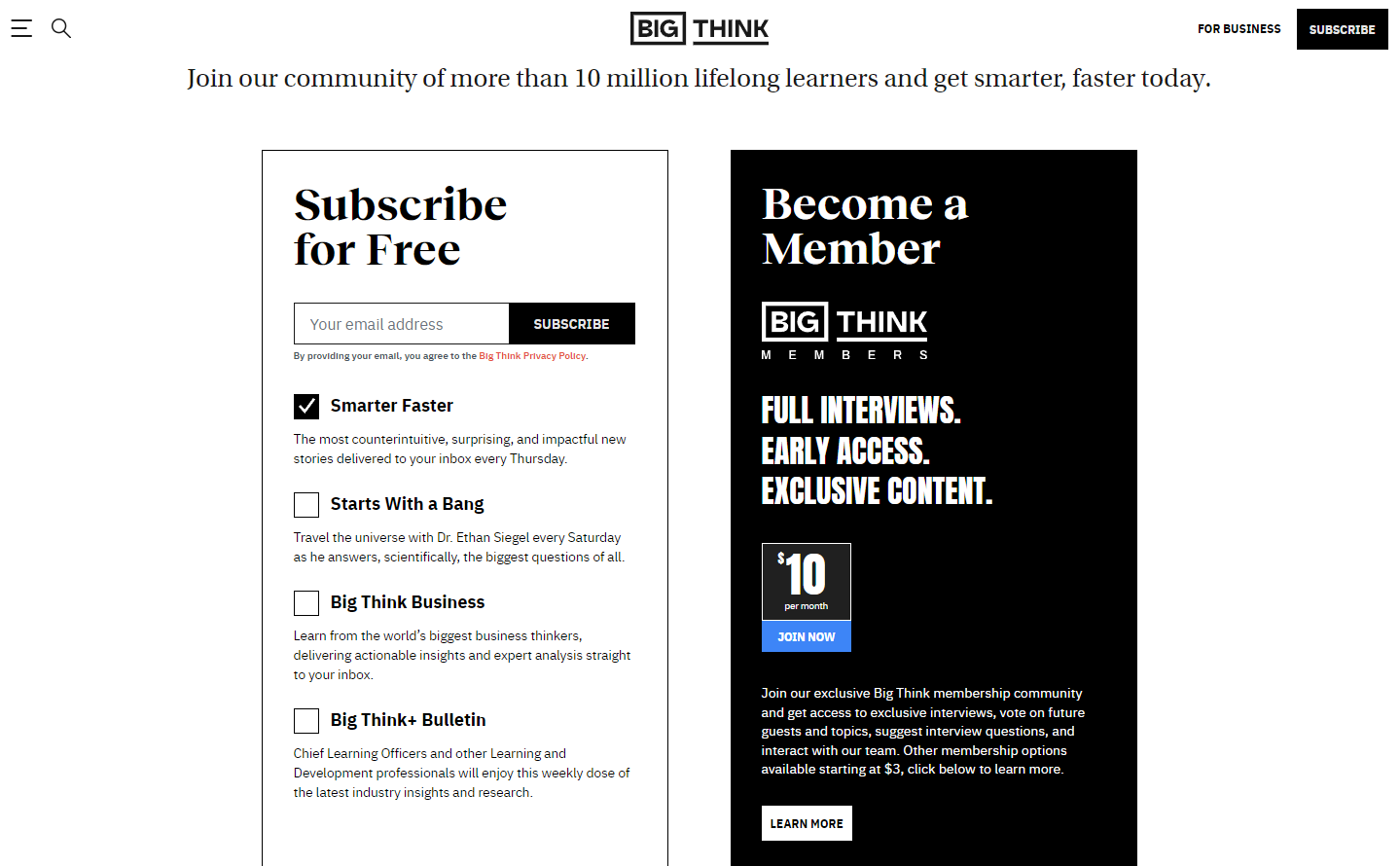 Big Think newsletter landing page