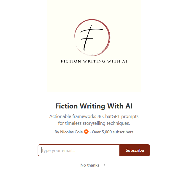 Fiction Writing With AI newsletter landing page