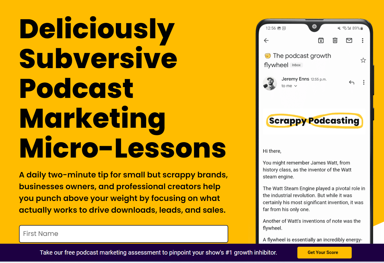 Podcast Marketing Academy newsletter landing page