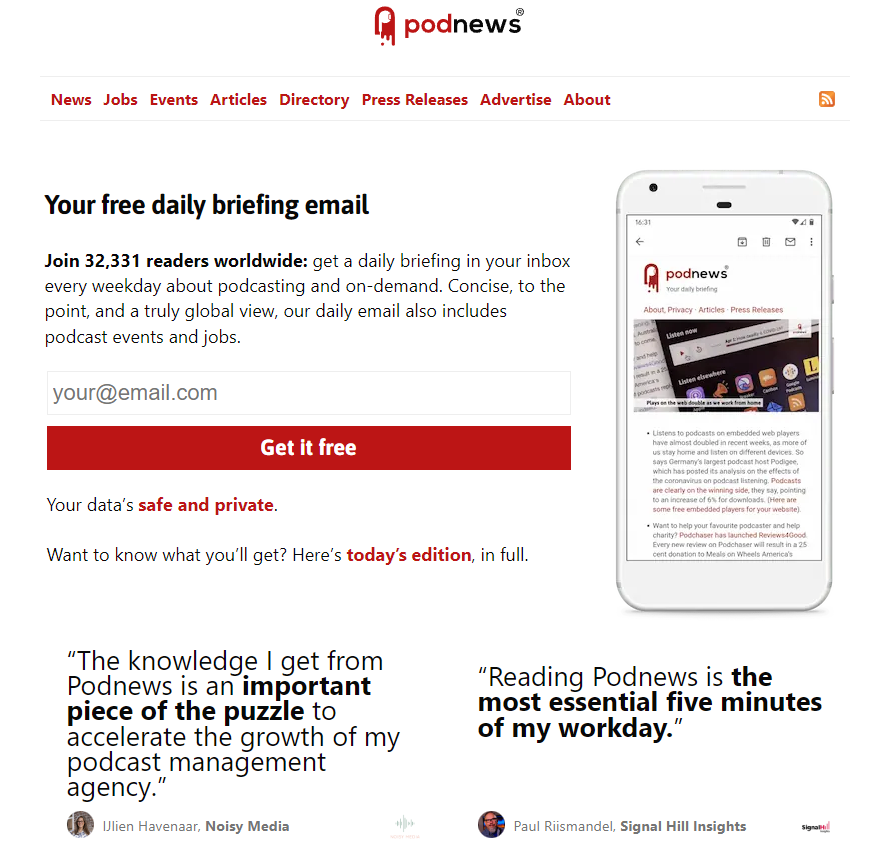 PodNews newsletter landing page