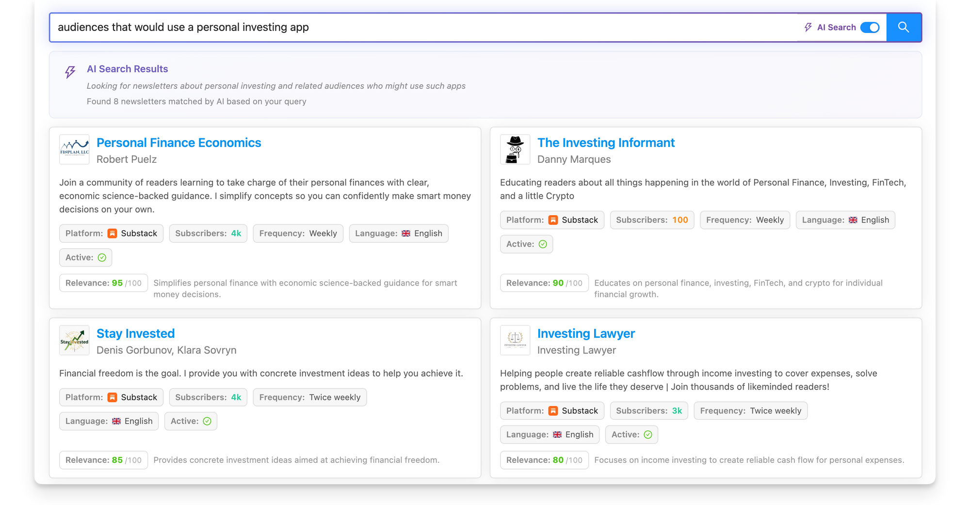 AI newsletter search results on Reletter