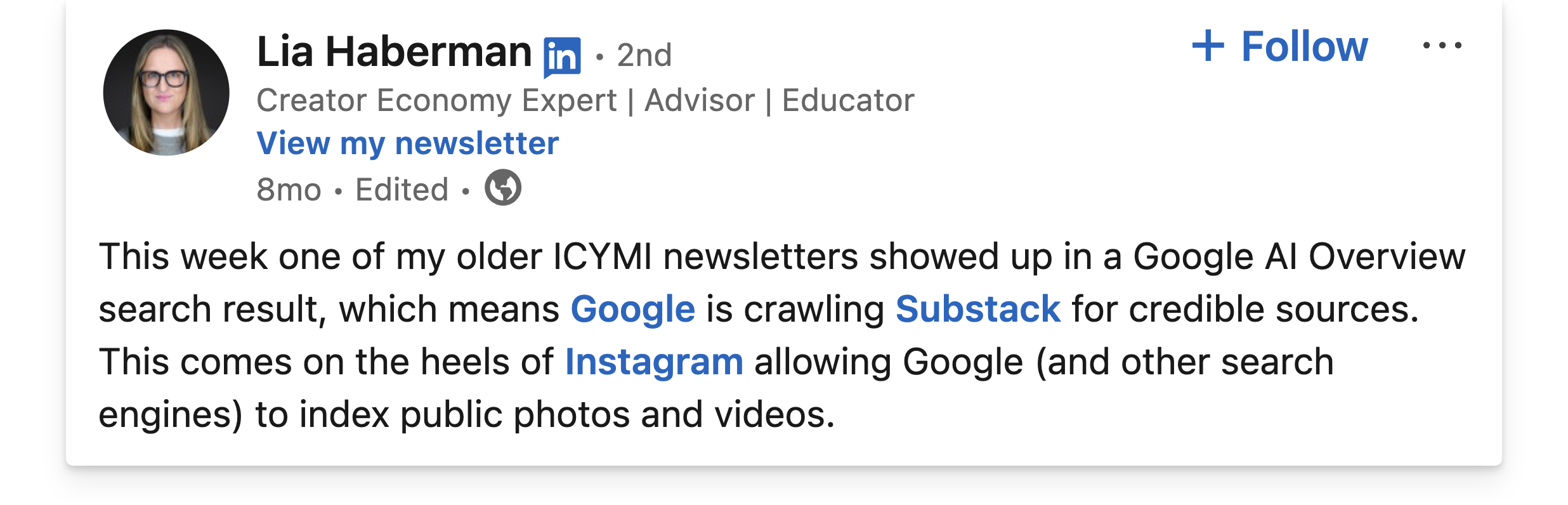 Lia Haberman LinkedIn post