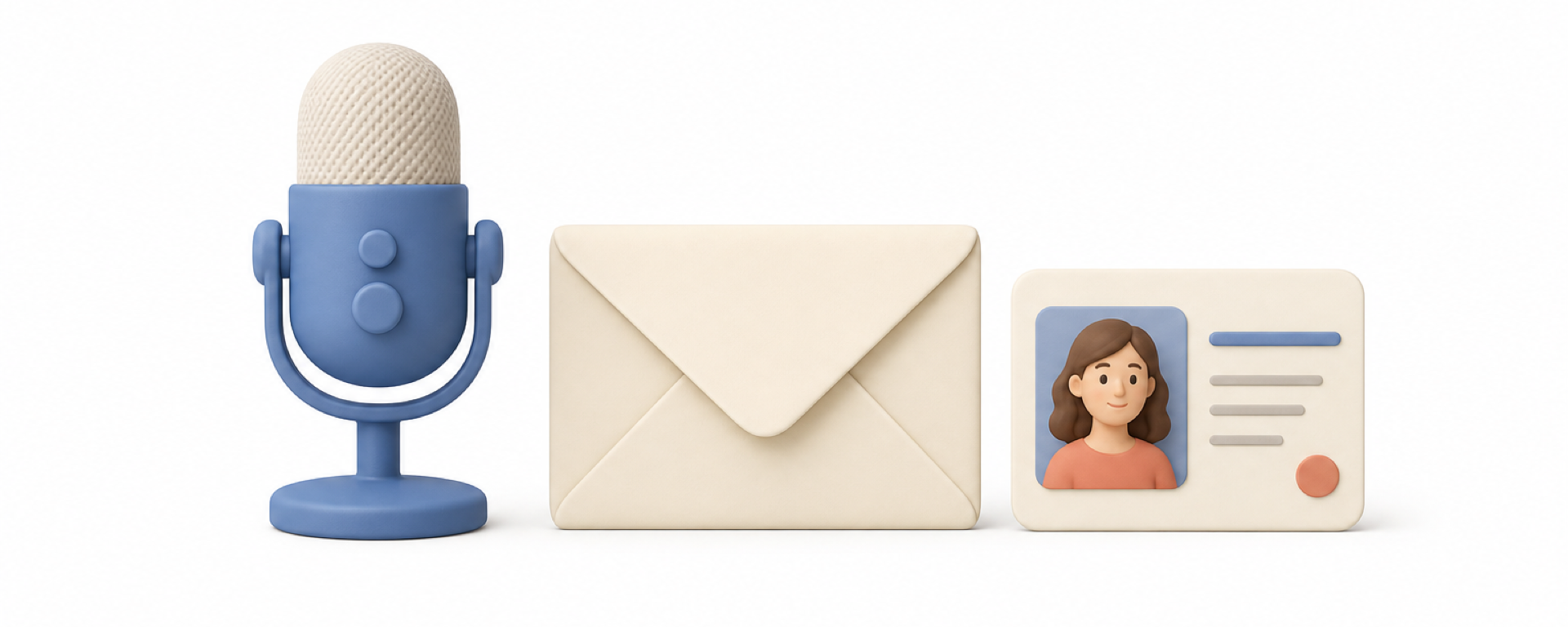 A matte 3D banner showing an oversized podcast microphone, a cream envelope and a small contact card in a row.