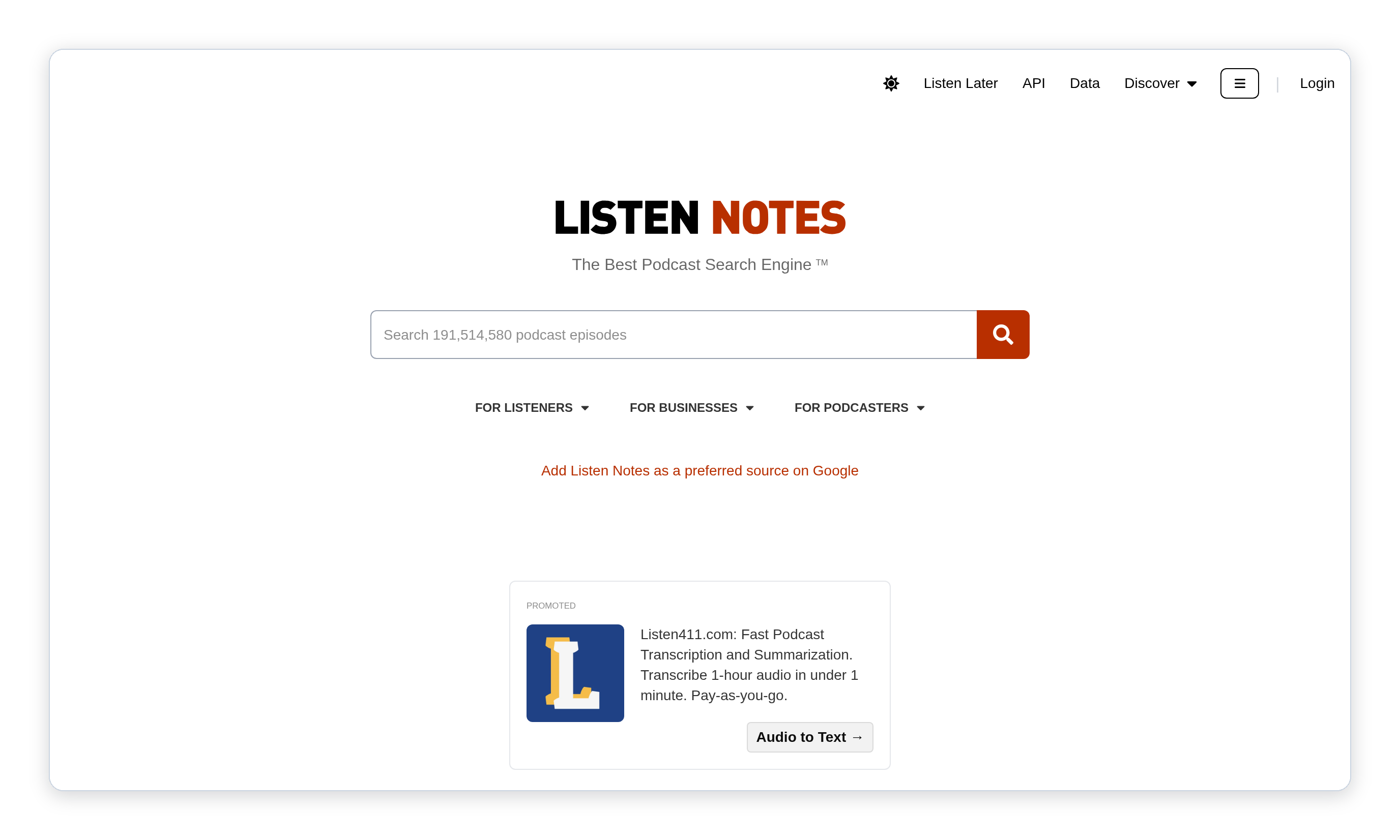 Listen Notes homepage